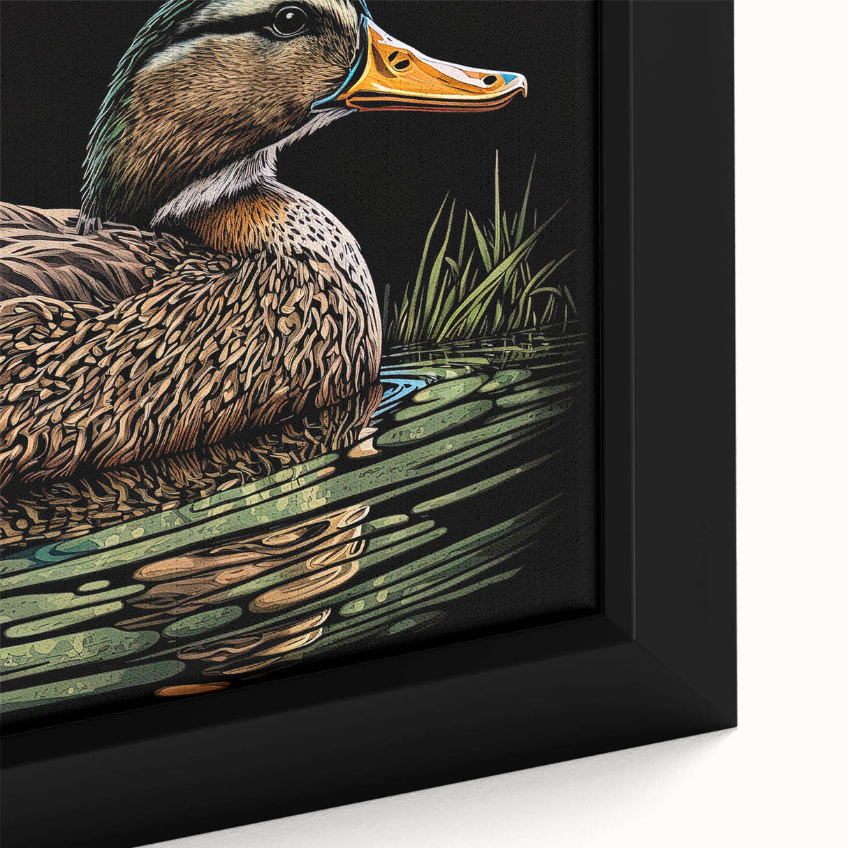 Framed wall art featuring a close-up design of colorful ducks, showcasing intricate details and vibrant hues, perfect for home decor and nature lovers.