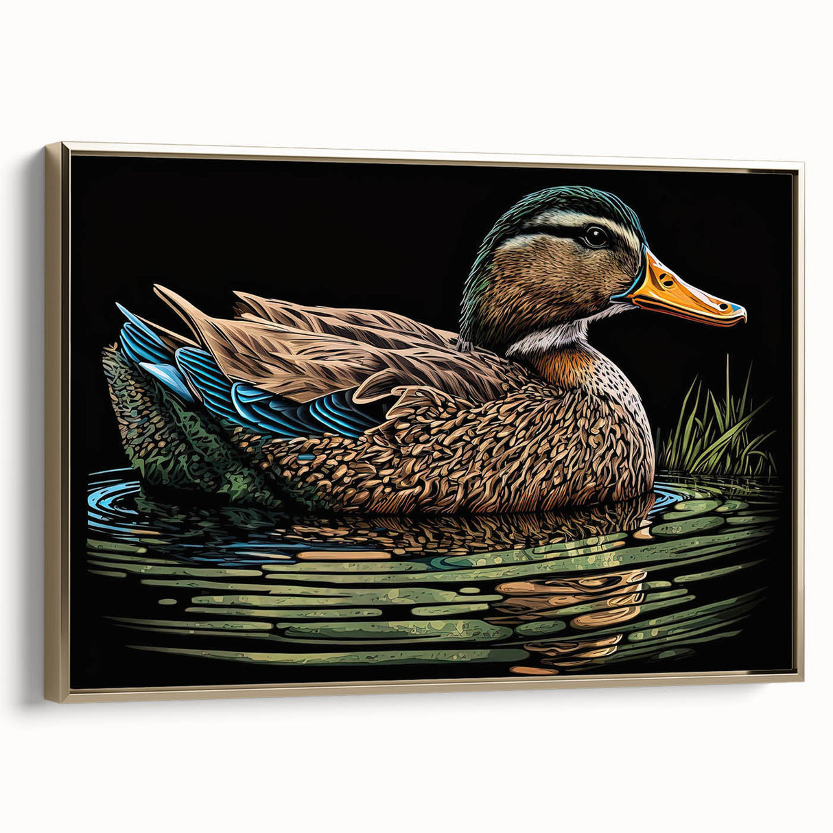 Framed canvas wall art featuring a vibrant duck design with gold accents, showcasing a side view in an elegant setting, ideal for modern home decor.