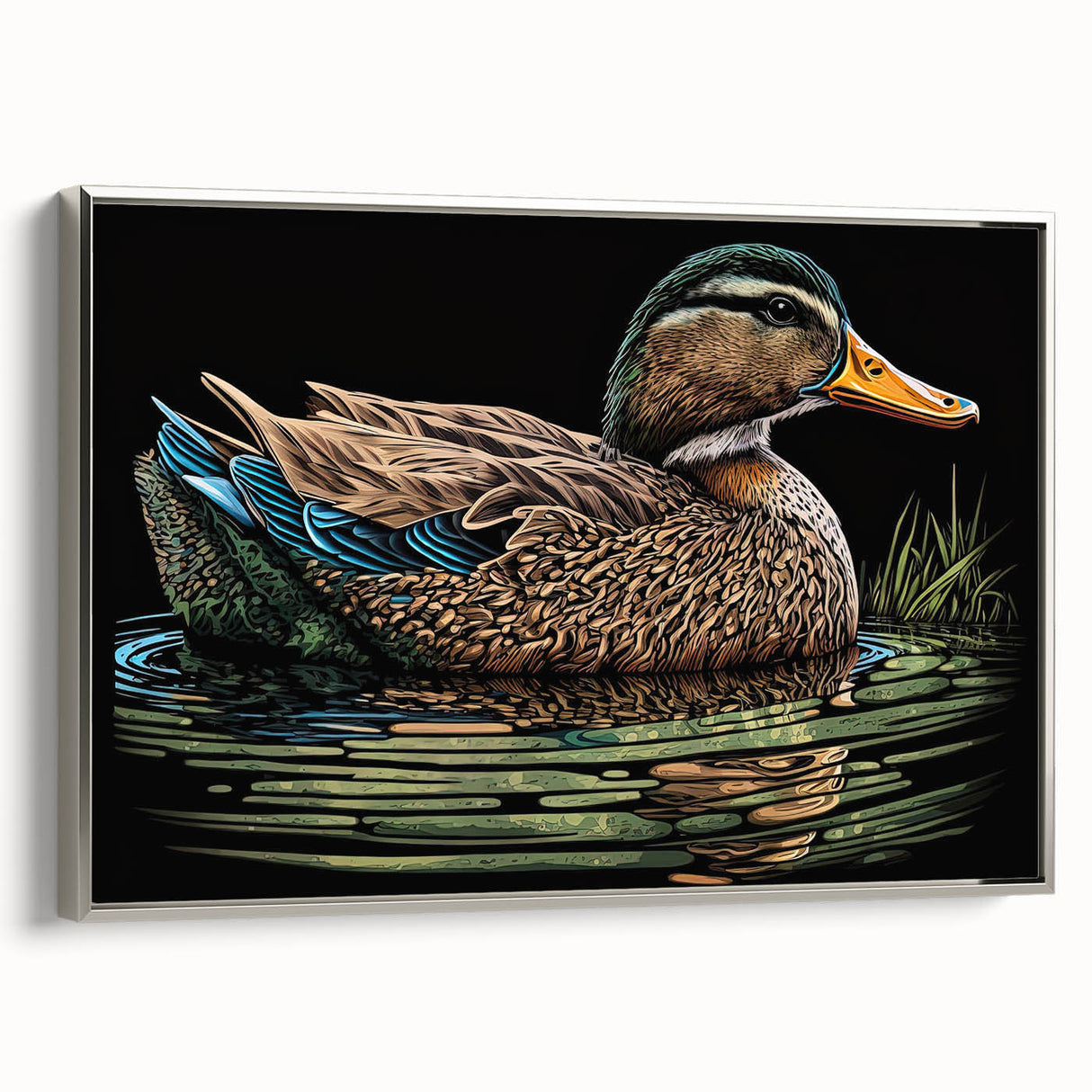 Framed canvas wall art featuring a serene duck design with a silver frame, showcasing intricate details and vibrant colors, perfect for home decor enhancement.
