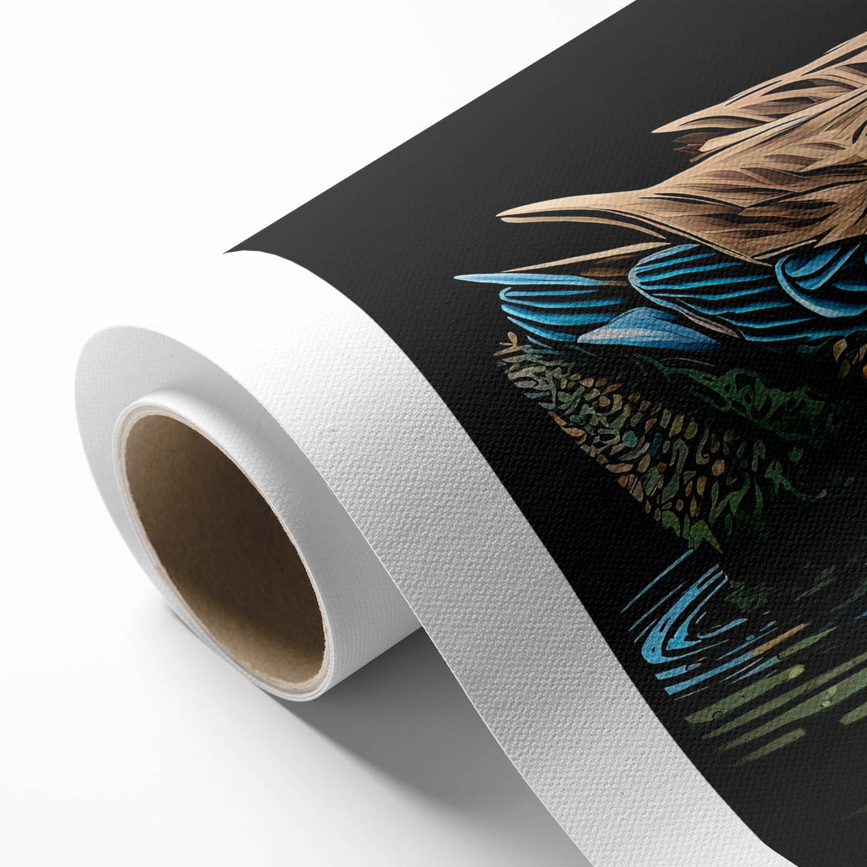 Rolled canvas artwork showcasing a vibrant duck design, featuring colorful birds in a nature-inspired theme, ideal for home decor or wildlife enthusiasts.