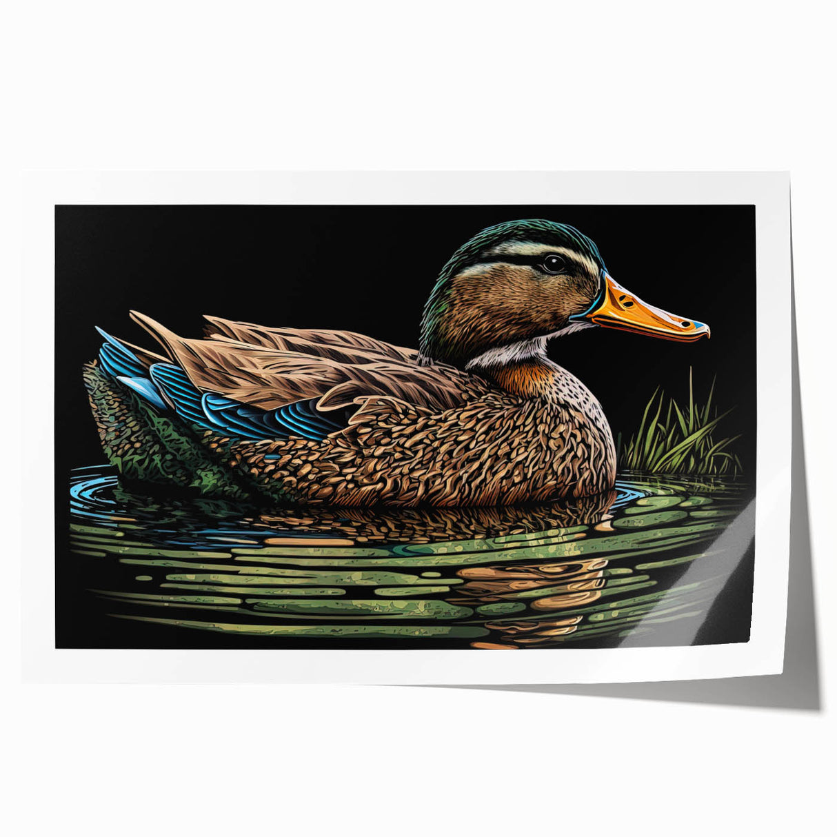 Colorful wall art print featuring a whimsical duck design, perfect for children's room decor; includes vibrant colors and playful details, rolled for easy framing.