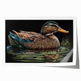 Colorful wall art print featuring a whimsical duck design, perfect for children's room decor; includes vibrant colors and playful details, rolled for easy framing.