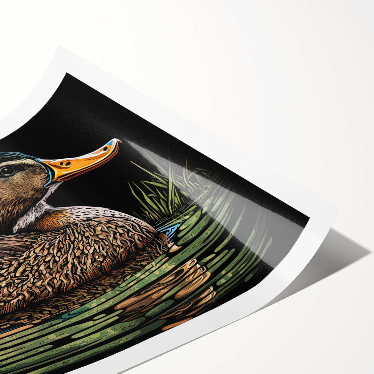 "Vibrant wall art print showcasing a whimsical duck design with colorful patterns on a textured background, perfect for brightening up any space. Ideal for bird lovers and home decor enthusiasts."