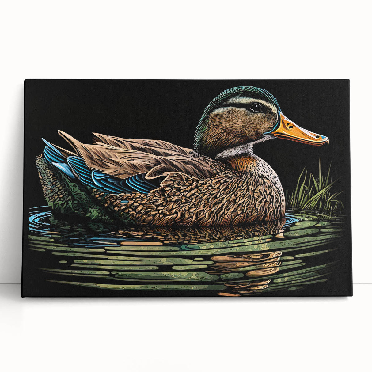 Colorful bird-themed wall art collection featuring a duck design on stretched canvas, leaning against a wall, perfect for home decor and nature lovers.