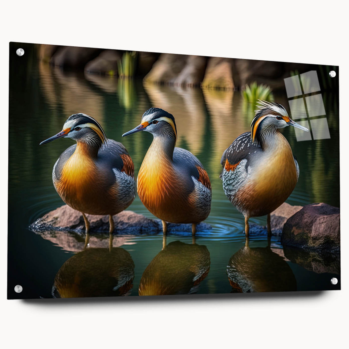 Acrylic wall art featuring a colorful duck design, showcased in a side view with pins for easy hanging, perfect for enhancing modern home decor.