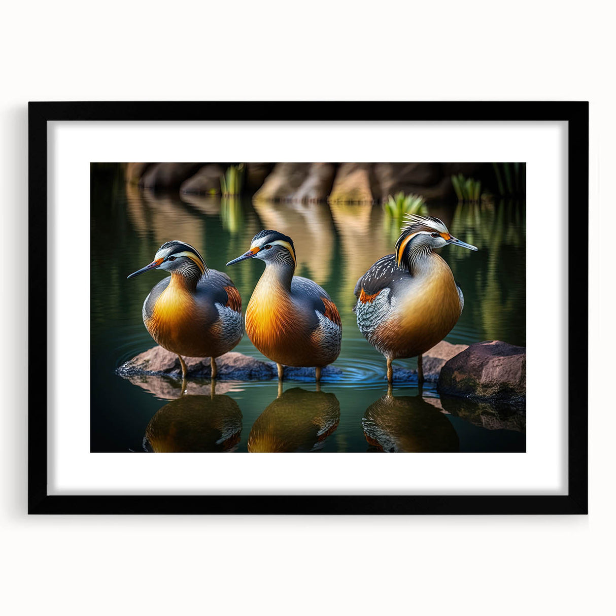 Framed wall art featuring a whimsical duck design on a textured background, showcased in a sleek black frame with a white mat, perfect for home decor.