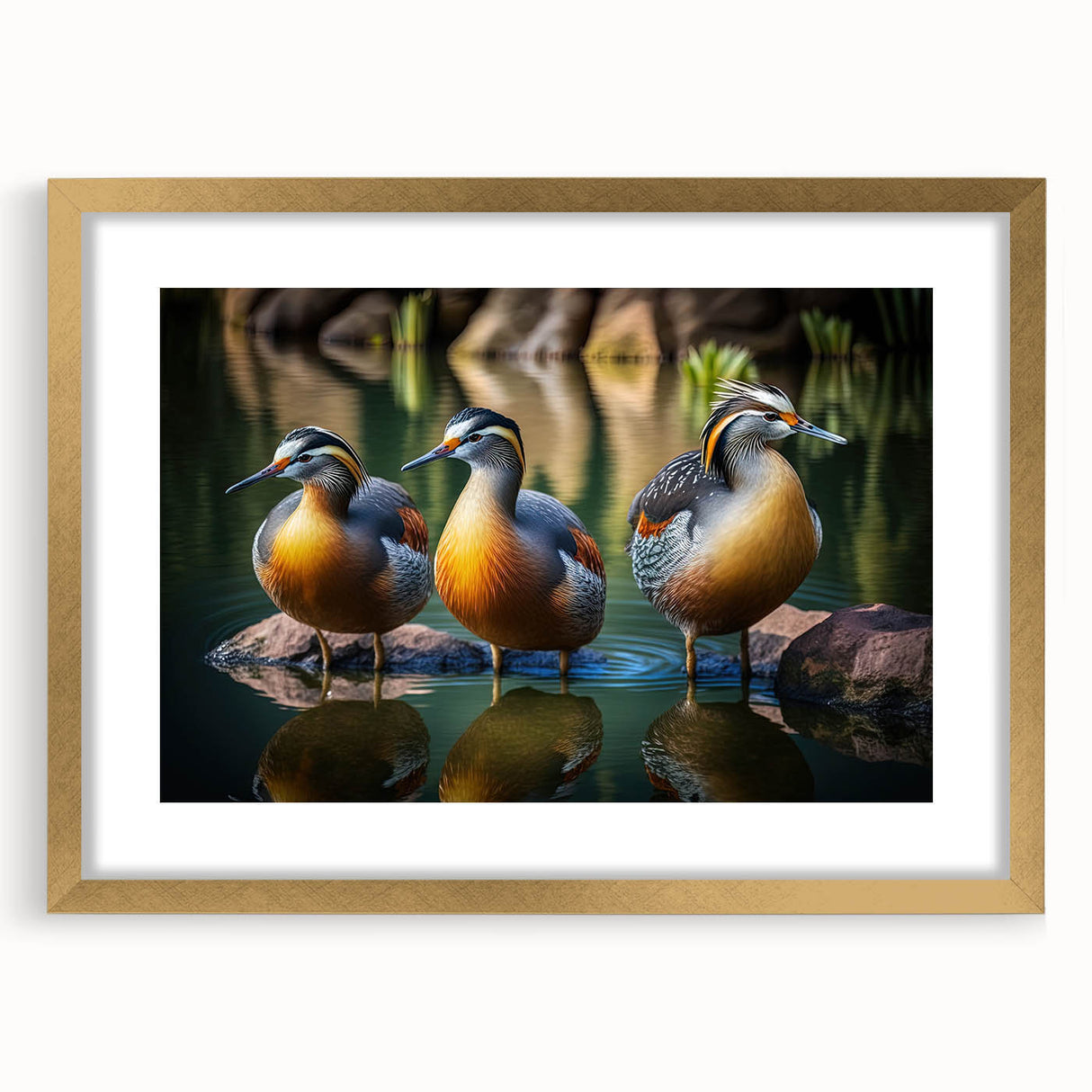 Framed wall art featuring a whimsical duck design in vibrant colors, set in a gold frame with a mat, perfect for enhancing home decor or children's rooms.