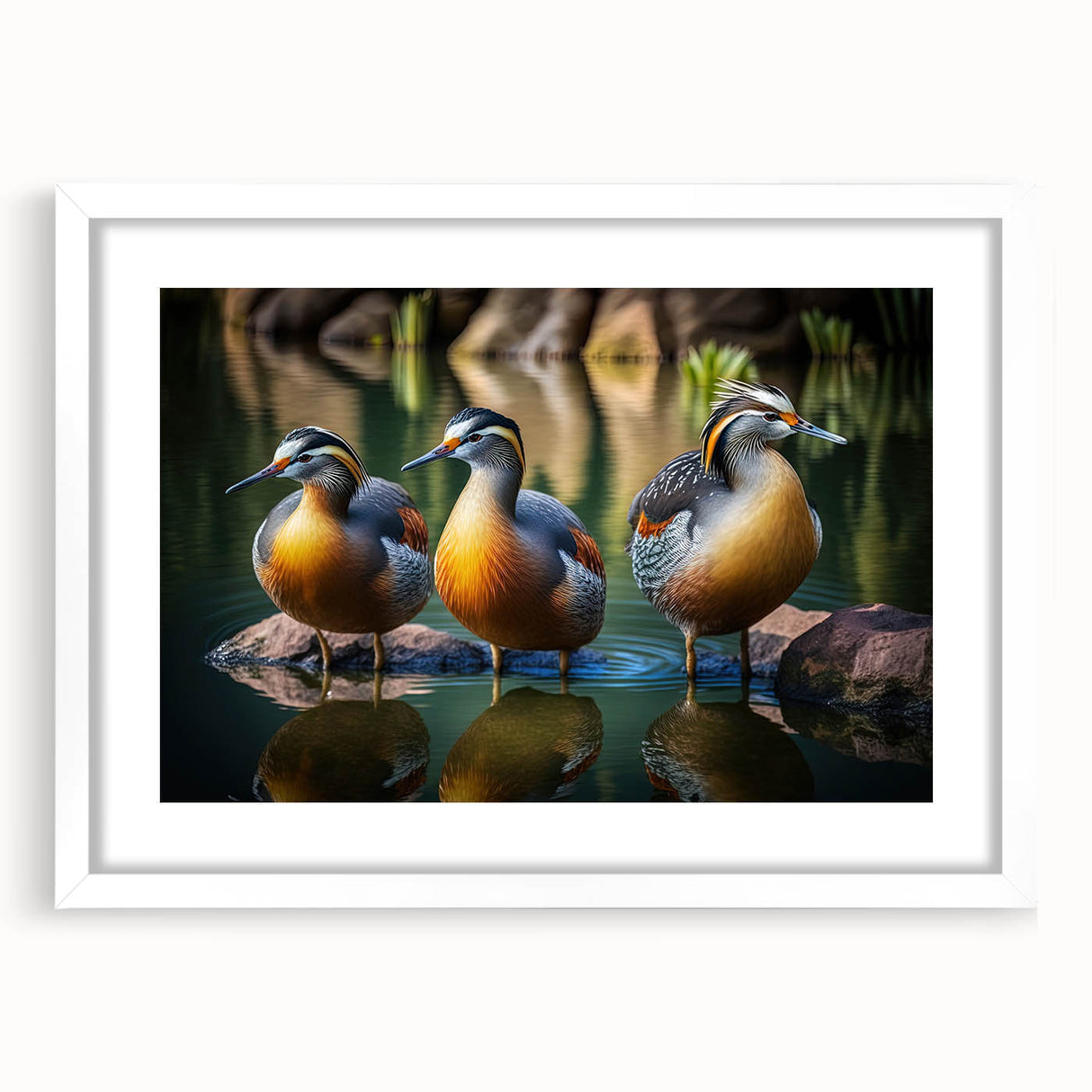 Framed wall art featuring a duck design, showcased in a white mat and frame, ideal for enhancing home decor with a touch of nature-inspired elegance.