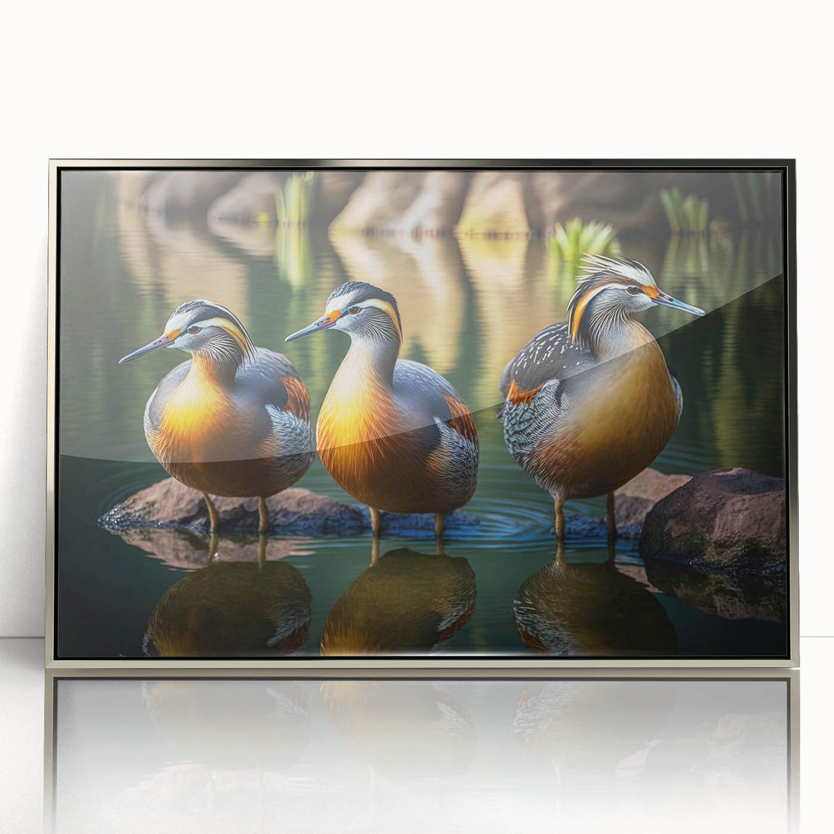 Framed wall art featuring a duck design in an elegant silver frame, showcasing vibrant colors and detailed artwork, perfect for home decor.