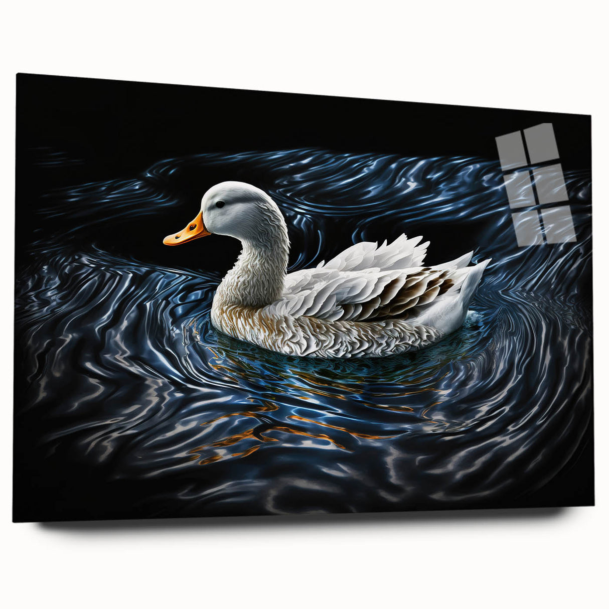 Acrylic glass wall art showcasing an elegant duck design with vivid colors, displayed from a side view, ideal for modern home decor. Perfect for nature lovers.