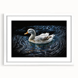 Framed wall art featuring a vibrant duck design in a white mat, showcasing colorful birds against a minimalist background. Perfect for home decor enthusiasts.