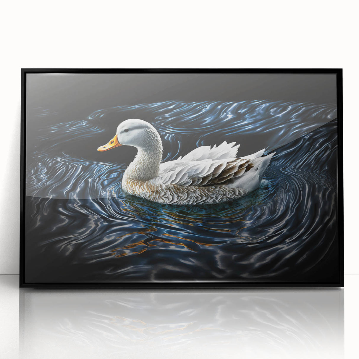Framed wall art showcasing a vibrant duck design, featuring a sleek black frame and acrylic front for a modern touch, perfect for home decor enthusiasts.