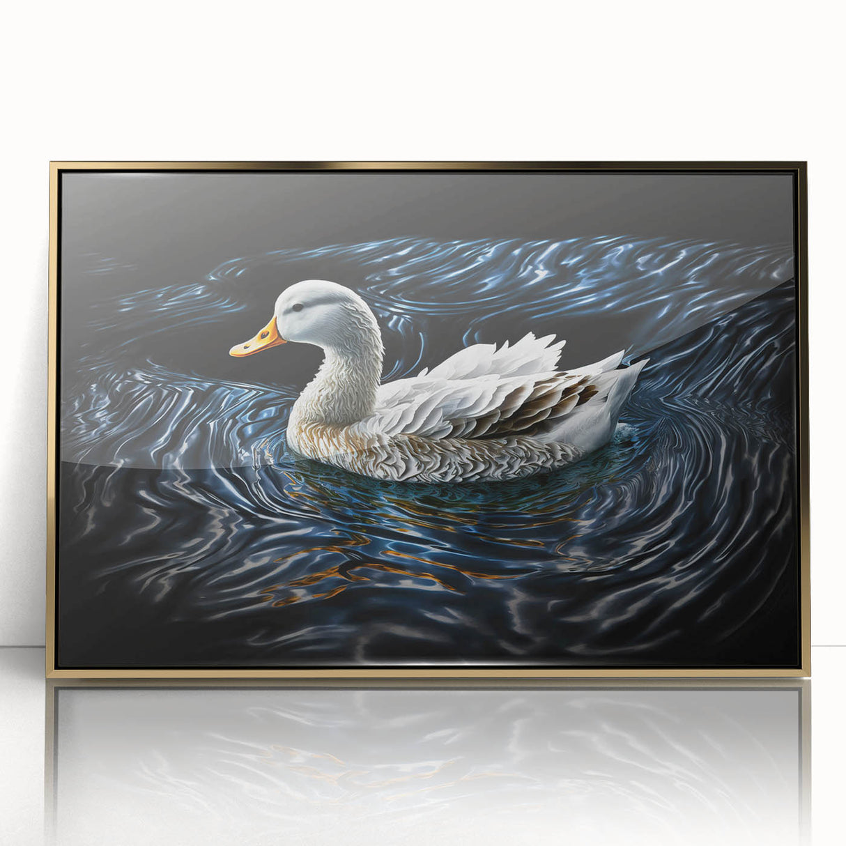 Framed wall art showcasing a whimsical duck design with vibrant colors, set in a gold frame, creating an elegant focal point for home decor. Ideal for bird lovers and art enthusiasts.
