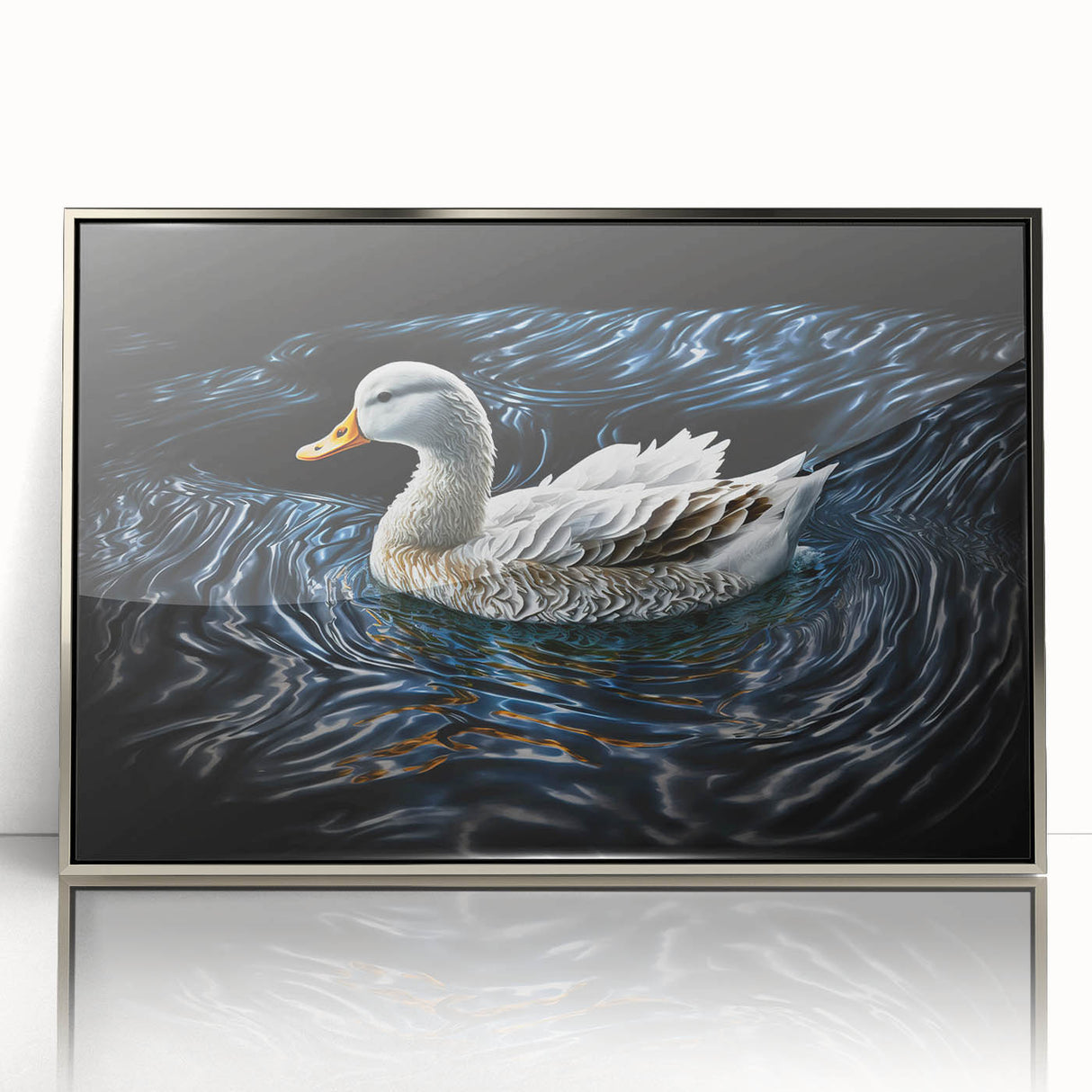Framed acrylic wall art featuring a serene duck design, elegantly displayed in a silver frame, perfect for enhancing home decor with a touch of nature.