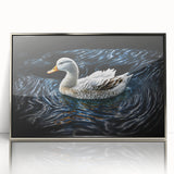 Framed acrylic wall art featuring a serene duck design, elegantly displayed in a silver frame, perfect for enhancing home decor with a touch of nature.