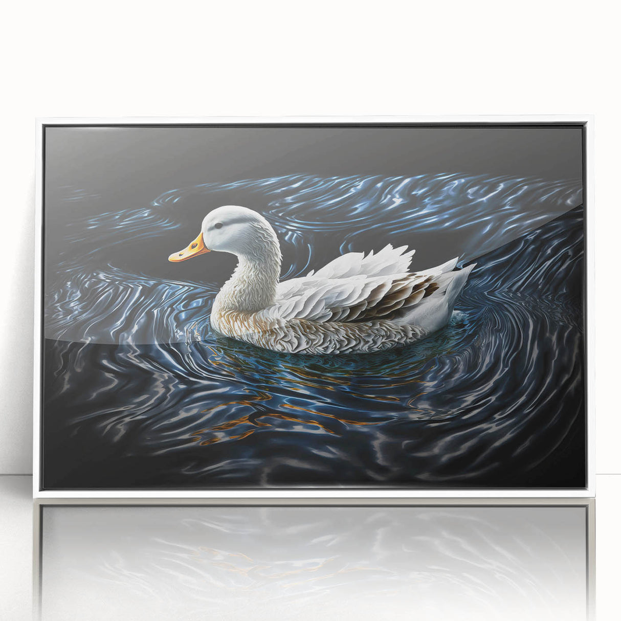 Framed wall art featuring a stylish duck design in a contemporary white frame, showcasing vibrant colors and intricate details, perfect for modern home decor.