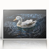 Framed wall art featuring a stylish duck design in a contemporary white frame, showcasing vibrant colors and intricate details, perfect for modern home decor.