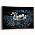 Framed wall art featuring a vibrant duck design in a modern style, displayed against a sleek black background, ideal for home decor enthusiasts.
