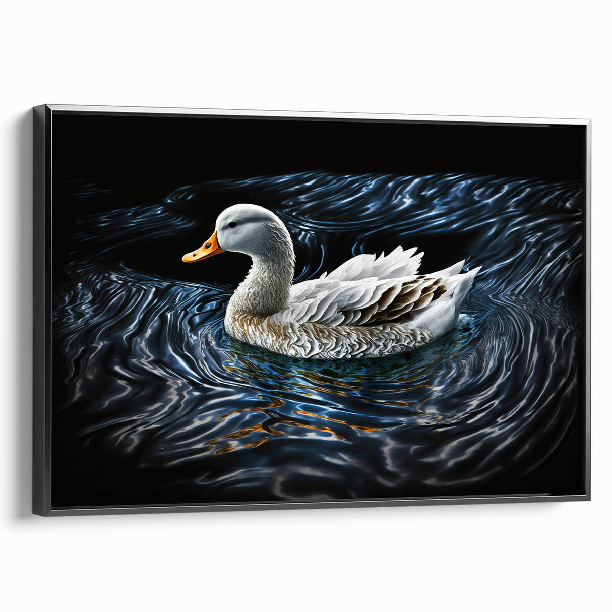 Framed wall art featuring a vibrant duck design in a modern style, displayed against a sleek black background, ideal for home decor enthusiasts.