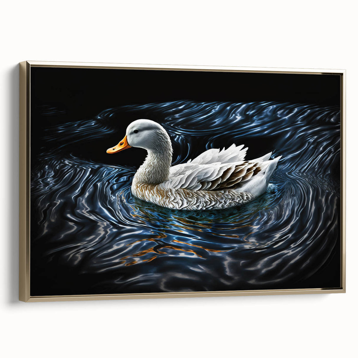 Framed wall art featuring a vibrant duck design on canvas, set against a gold background. The piece showcases intricate details and colors, perfect for home decor enthusiasts.