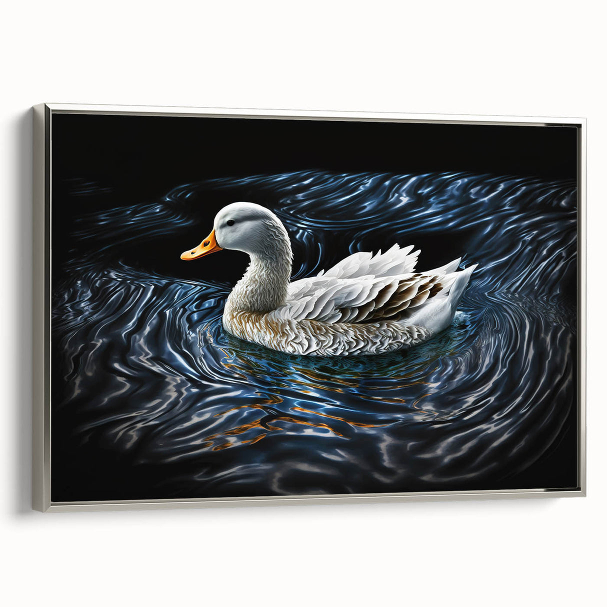 Framed wall art featuring a serene duck design in soft colors on a canvas, displayed at a side angle, ideal for home decor or office settings.