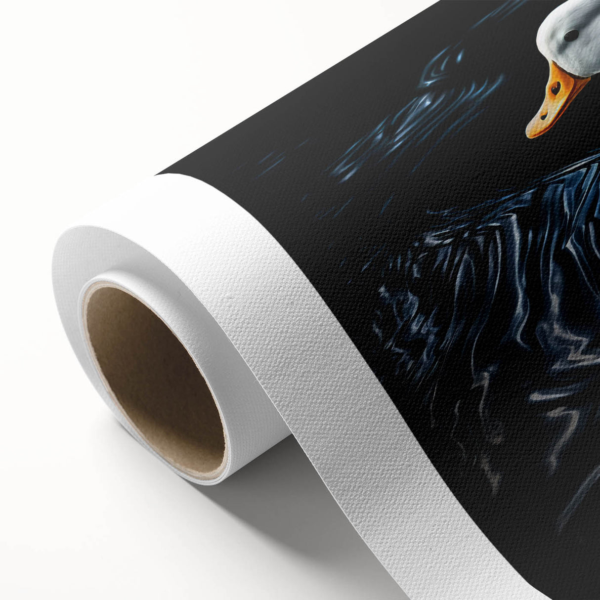 Rolled canvas showcasing a vibrant duck design in a contemporary art style, perfect for home decor, featuring rich colors and intricate details, expertly packaged.