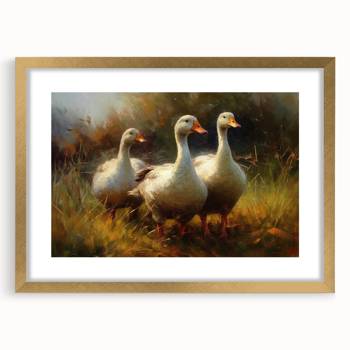 Gold-framed wall art featuring a whimsical duck design, set against a soft mat, perfect for enhancing home decor with playful elegance. Ideal for bird lovers and modern interiors.
