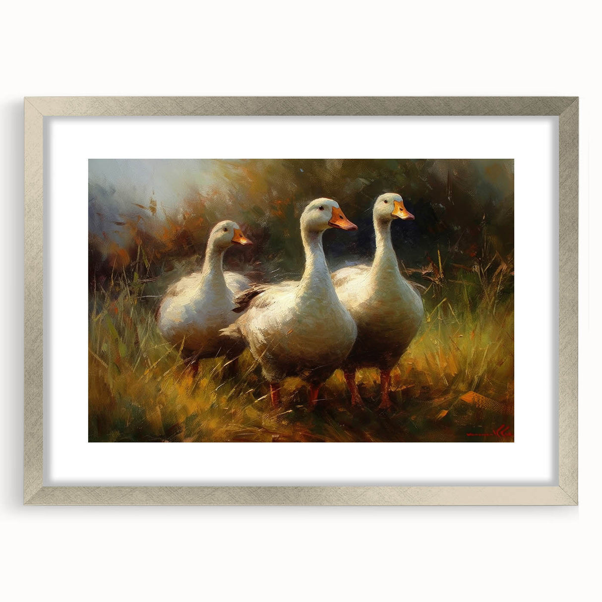 Framed wall art featuring a stylish duck design in a silver frame, complete with a white mat, perfect for enhancing modern decor in living spaces.