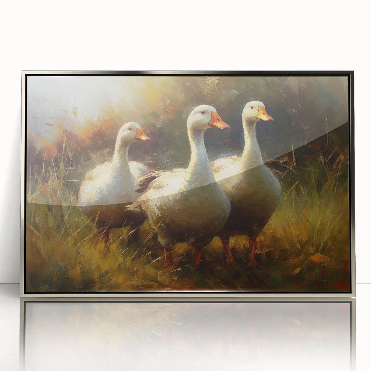 Framed wall art featuring a vibrant duck design with acrylic glass in a silver frame, showcasing colorful birds in a contemporary style, perfect for home decor.