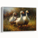 Framed canvas wall art showcasing a charming duck design, elegantly displayed from a white side view, perfect for enhancing home decor with nature-inspired aesthetics.