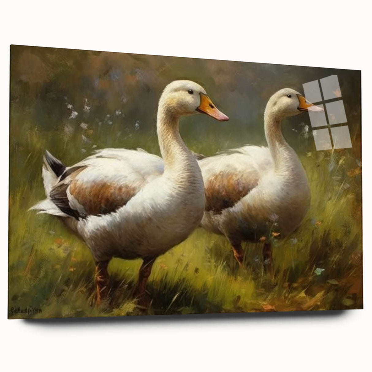 Side view of a modern wall art collection featuring a colorful duck design printed on acrylic glass, showcasing vibrant hues and sleek edges, perfect for home decor.