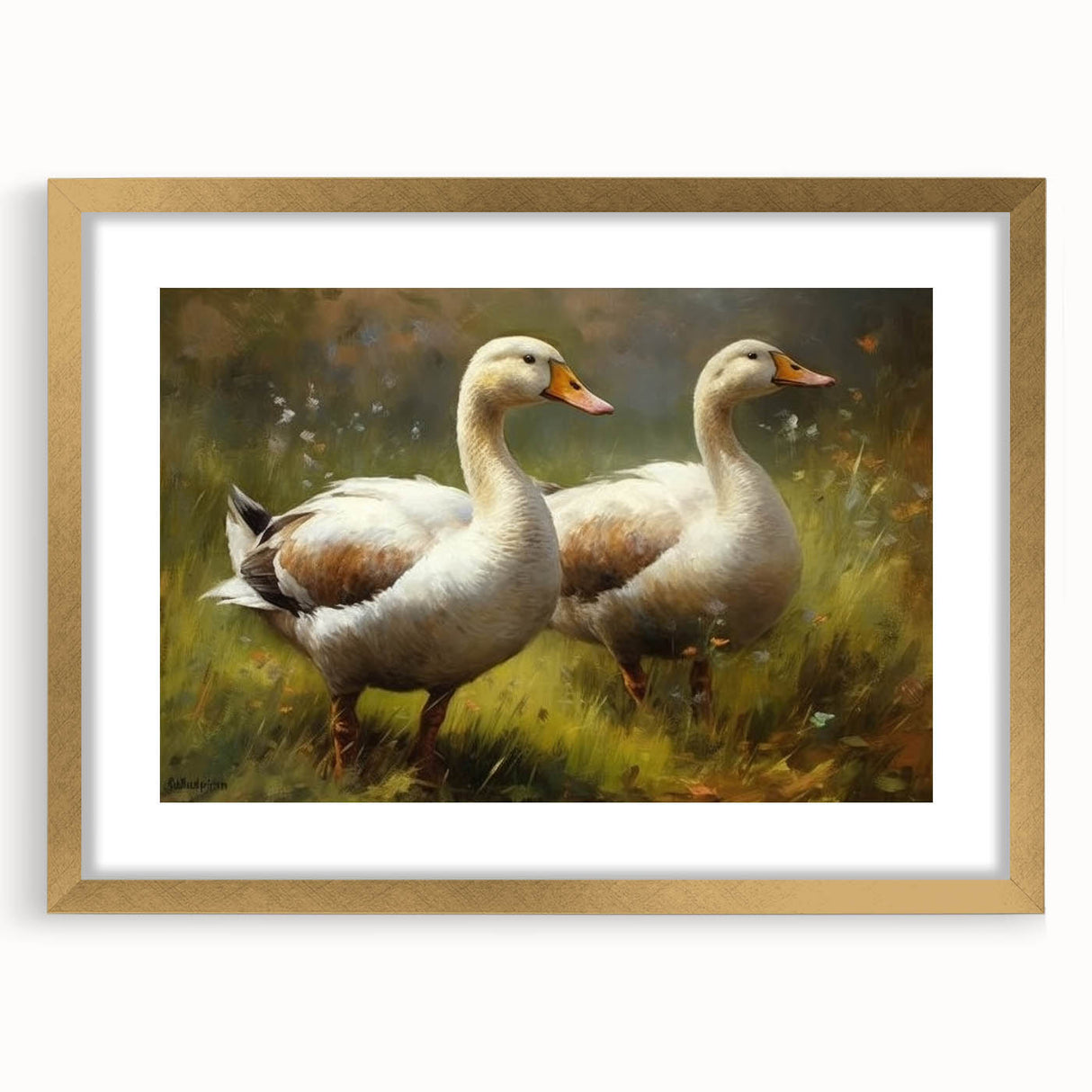 Elegant wall art featuring a duck design in gold frame with a mat, ideal for home decor. Perfect for bird lovers and nature enthusiasts, enhancing any interior space.