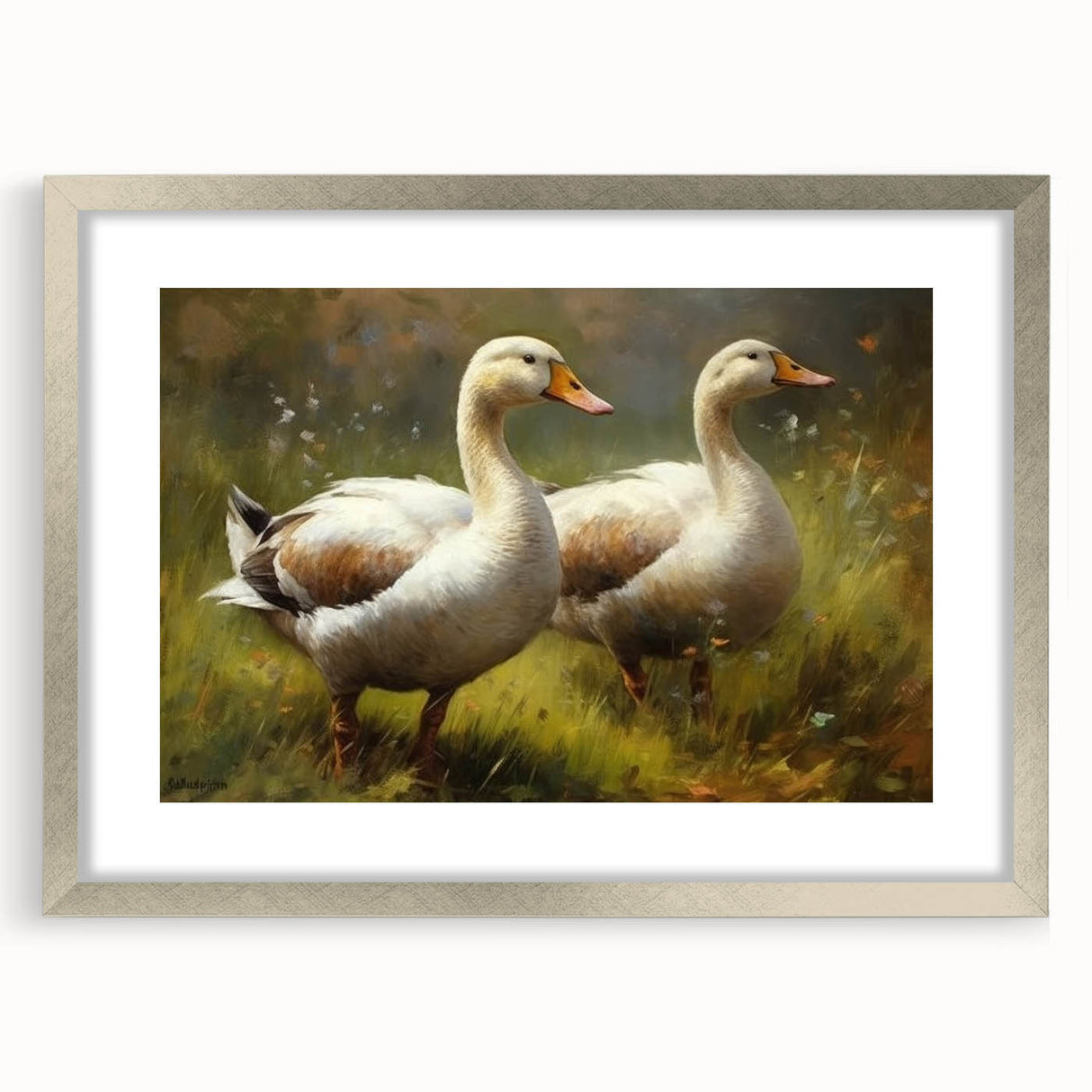 Framed wall art featuring a duck design in a silver frame with a mat, showcasing vibrant colors and intricate details, perfect for home decor.