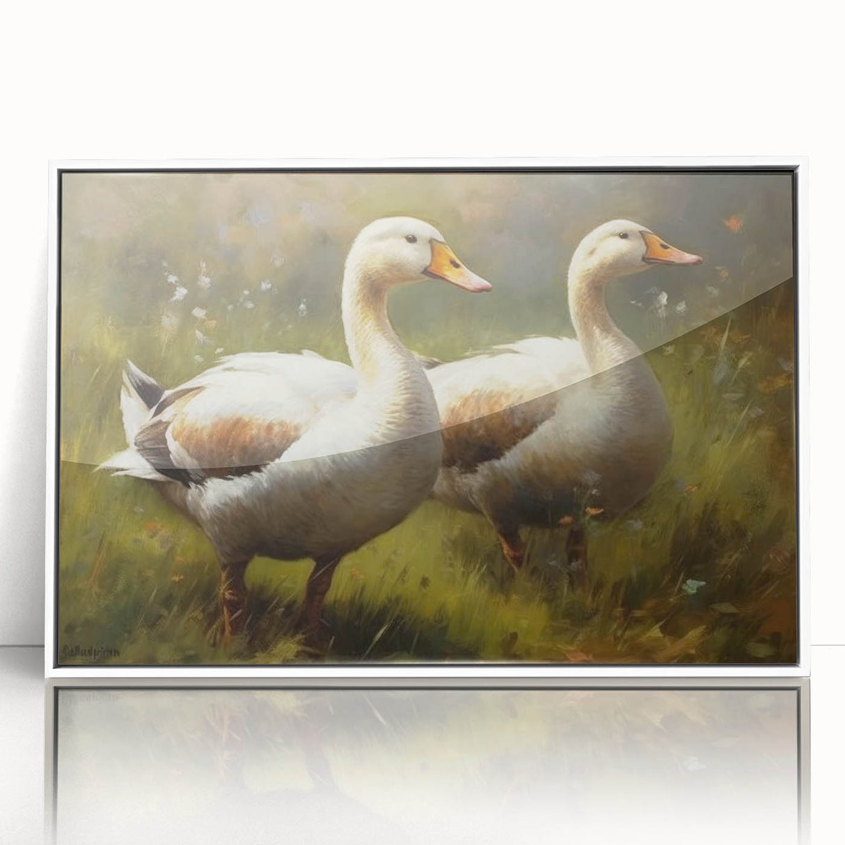 Framed wall art featuring a playful duck design on a white background, showcasing vibrant colors and intricate details, ideal for children's rooms or nursery decor.