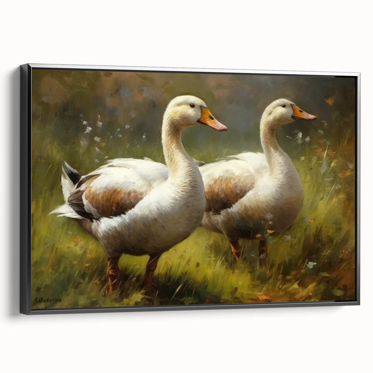 Framed canvas wall art showcasing a vibrant duck design with intricate details, set against a sleek black frame, perfect for modern decor.