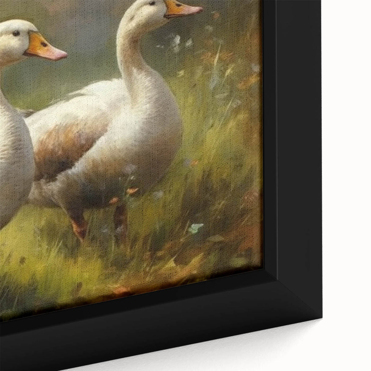 Close-up of a framed canvas wall art featuring a colorful duck design with intricate details and vibrant hues, perfect for enhancing home decor with nature-inspired art.