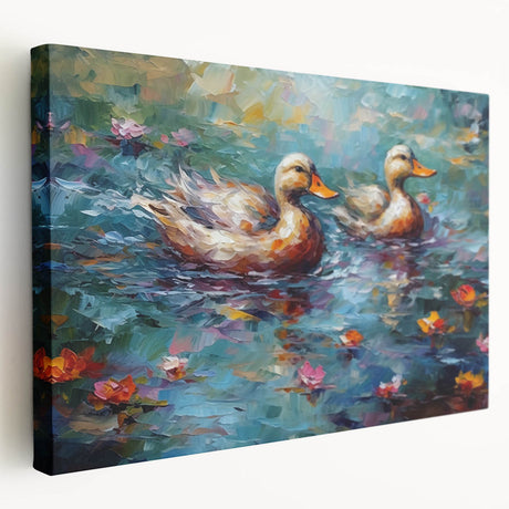 Stretched canvas wall art featuring a vibrant duck design in a natural setting, showcasing rich colors and intricate details, perfect for home decor.