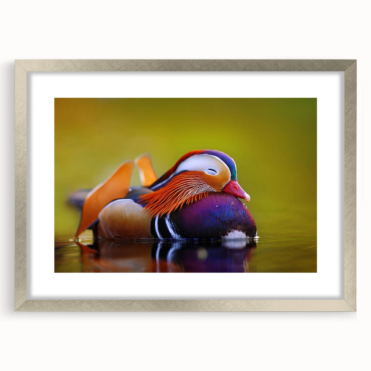 Framed wall art collection showcasing a serene duck design with a silver mat, ideal for enhancing home decor. The artwork features soft colors and elegant detailing, perfect for nature lovers.
