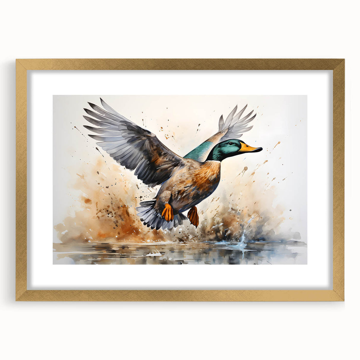 Framed wall art featuring a charming duck design in soft colors, elegantly matted with a gold frame, perfect for enhancing home decor with a touch of nature.