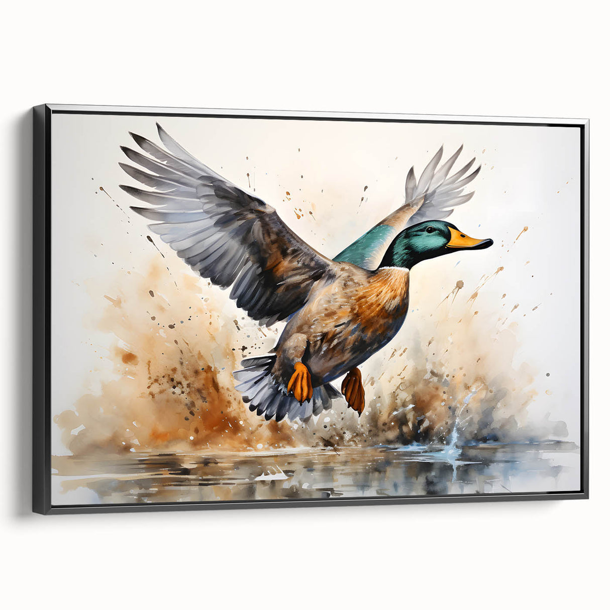 Framed canvas wall art featuring a vibrant bird and duck design, showcasing intricate details and bold colors, displayed in a sleek black frame for modern decor.
