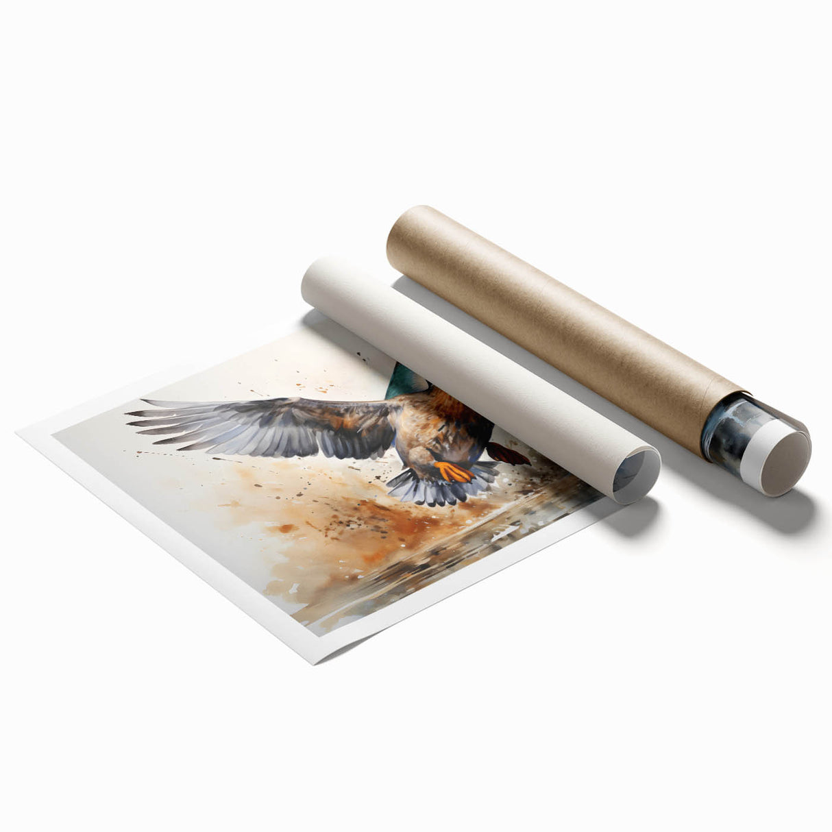 Colorful wall art print featuring a whimsical design of ducks among vibrant foliage, perfect for home decor. Ideal for bird lovers and nature enthusiasts, this rolled print adds a playful touch to any room.