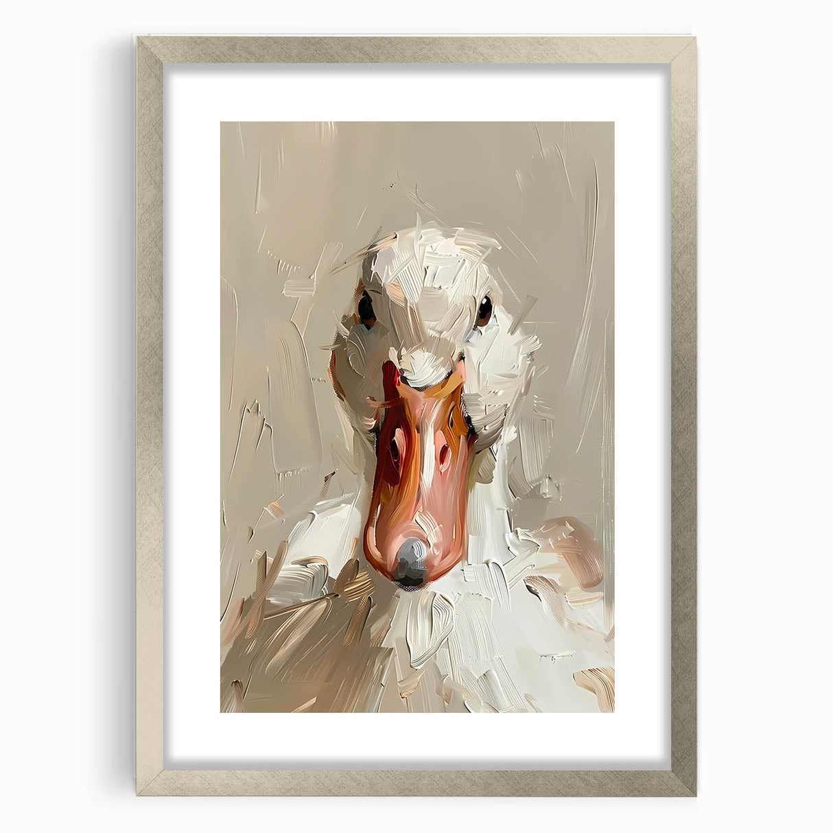 Framed wall art collection featuring a stylish silver frame, showcasing a whimsical duck design with a mat, perfect for home decor and bird enthusiasts.