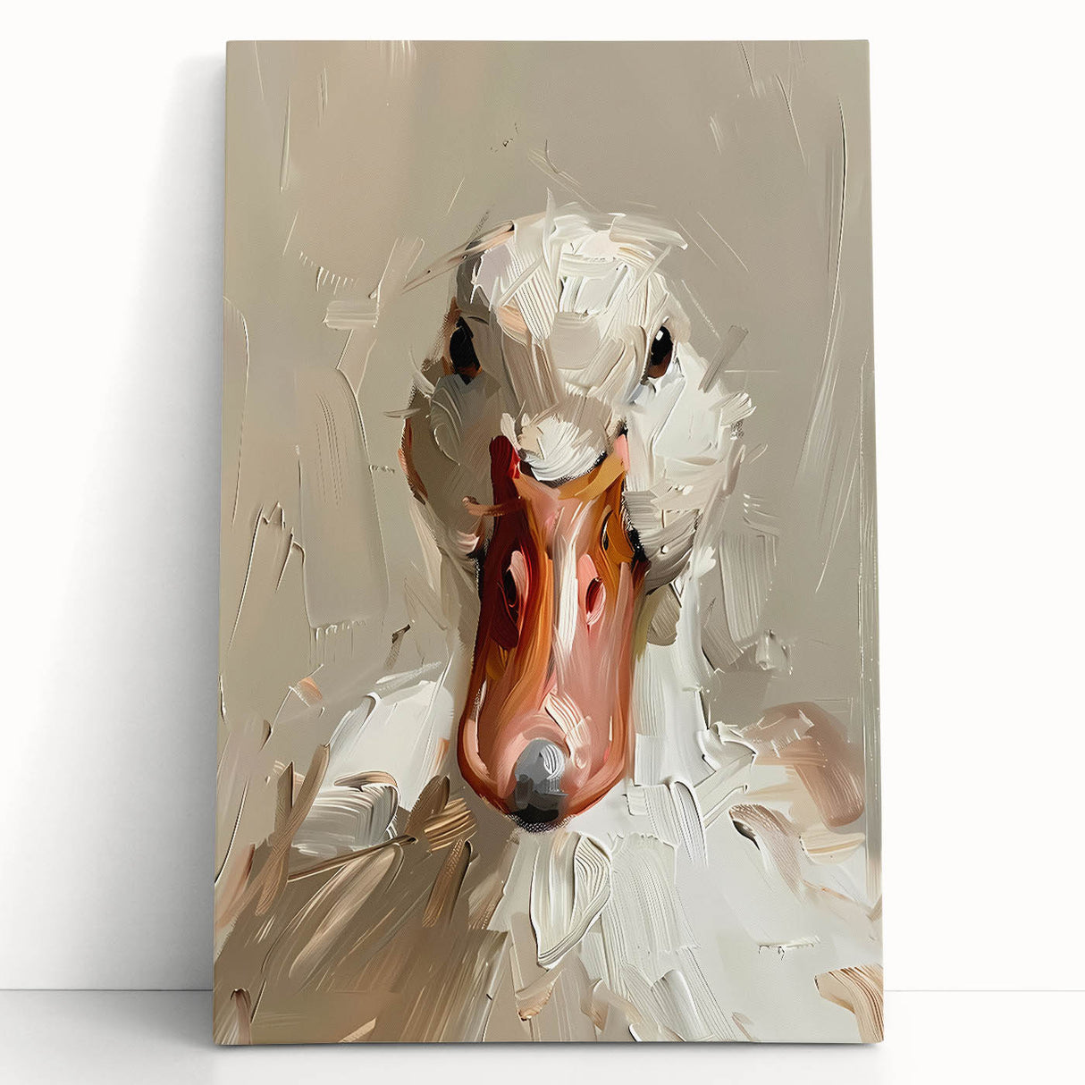 Colorful stretched canvas wall art featuring a whimsical duck design, leaning against a backdrop. Ideal for adding charm to modern home decor. Perfect for bird lovers and art enthusiasts.