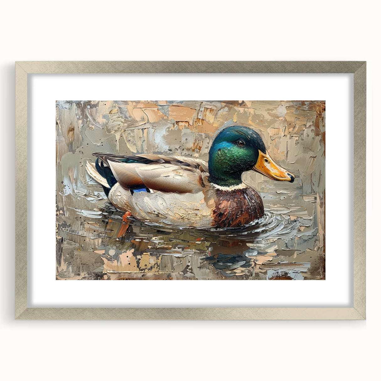Framed wall art collection showcasing a duck design with a silver mat, ideal for enhancing home decor. The stylish frame complements various interior styles.