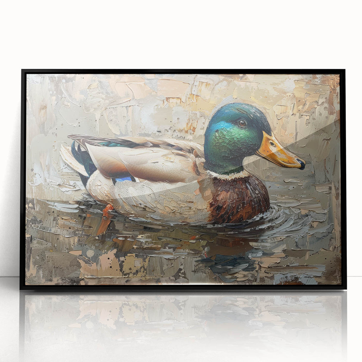 Framed acrylic wall art featuring a detailed duck design, set against a sleek black frame. Ideal for enhancing modern home decor with wildlife themes.