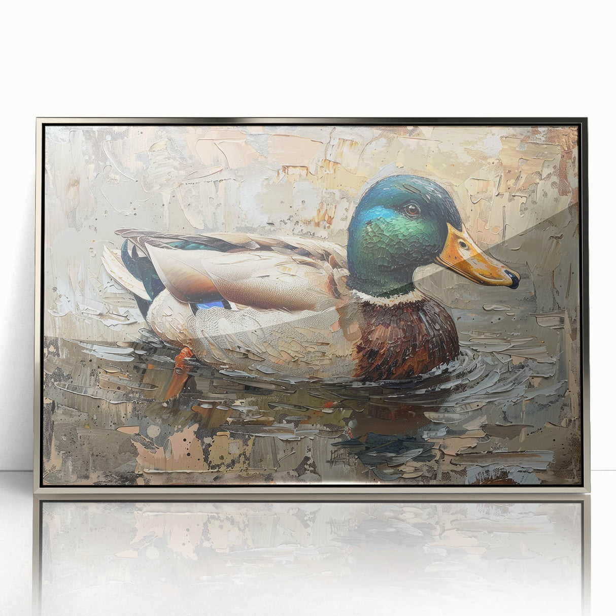 Framed wall art featuring a serene duck design in silver acrylic, showcasing vibrant colors and intricate details, perfect for enhancing modern home decor.