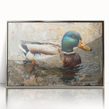 Framed wall art featuring a serene duck design in silver acrylic, showcasing vibrant colors and intricate details, perfect for enhancing modern home decor.