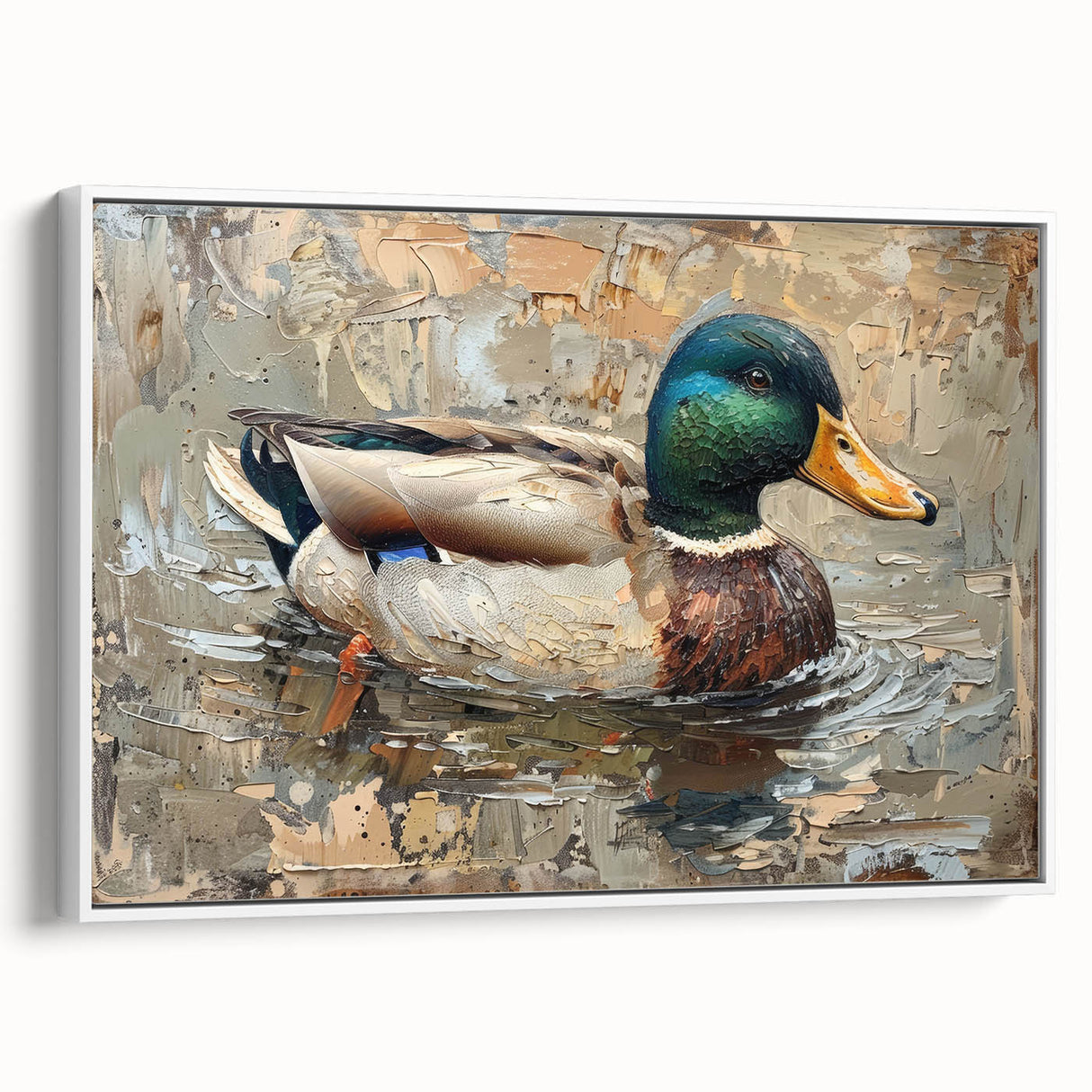 Framed wall art featuring a serene duck design in a modern aesthetic, displayed in a white frame against a neutral backdrop, perfect for home decor.