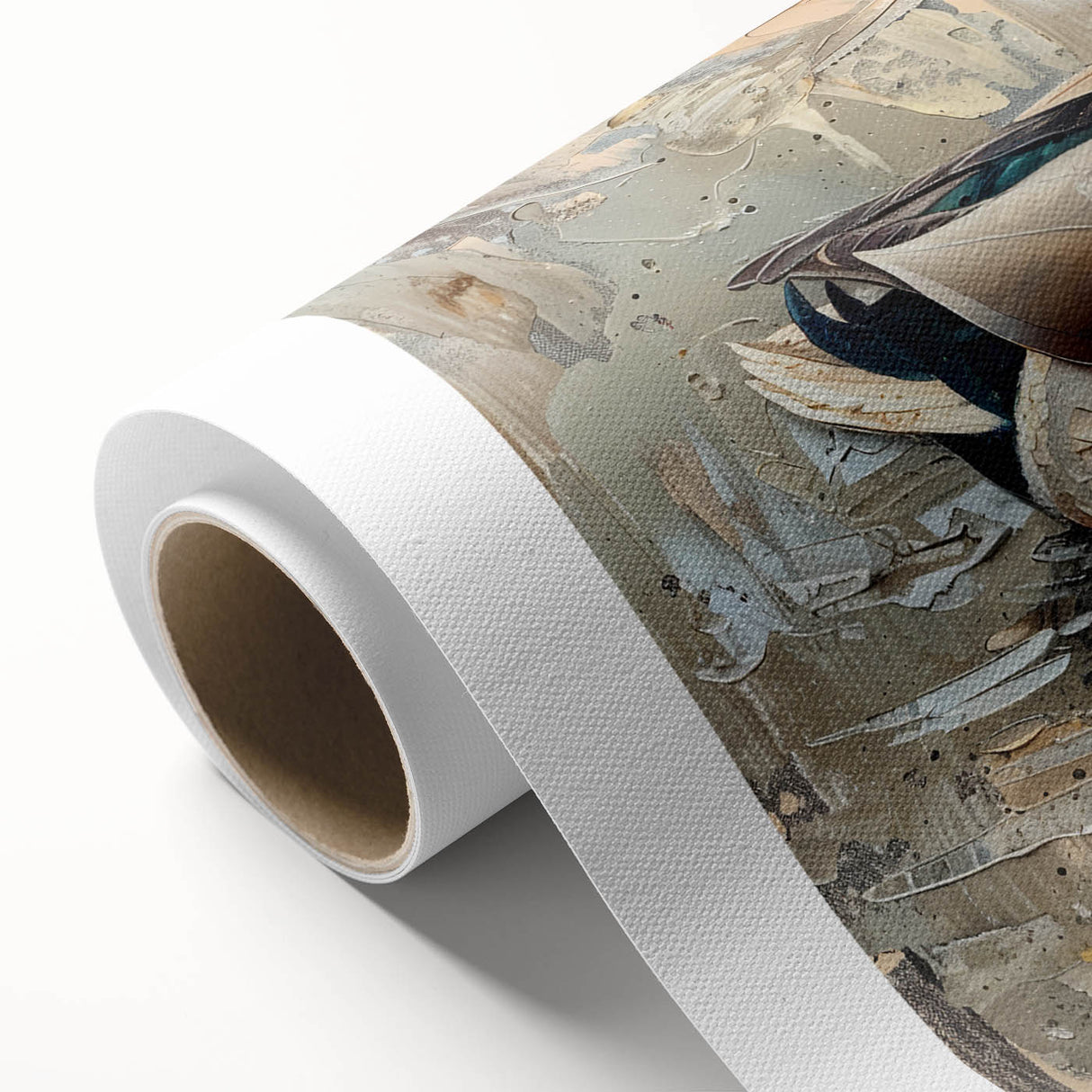 Colorful rolled canvas depicting a vibrant duck design, showcasing intricate details and lively colors, ideal for enhancing home decor with a nature theme.