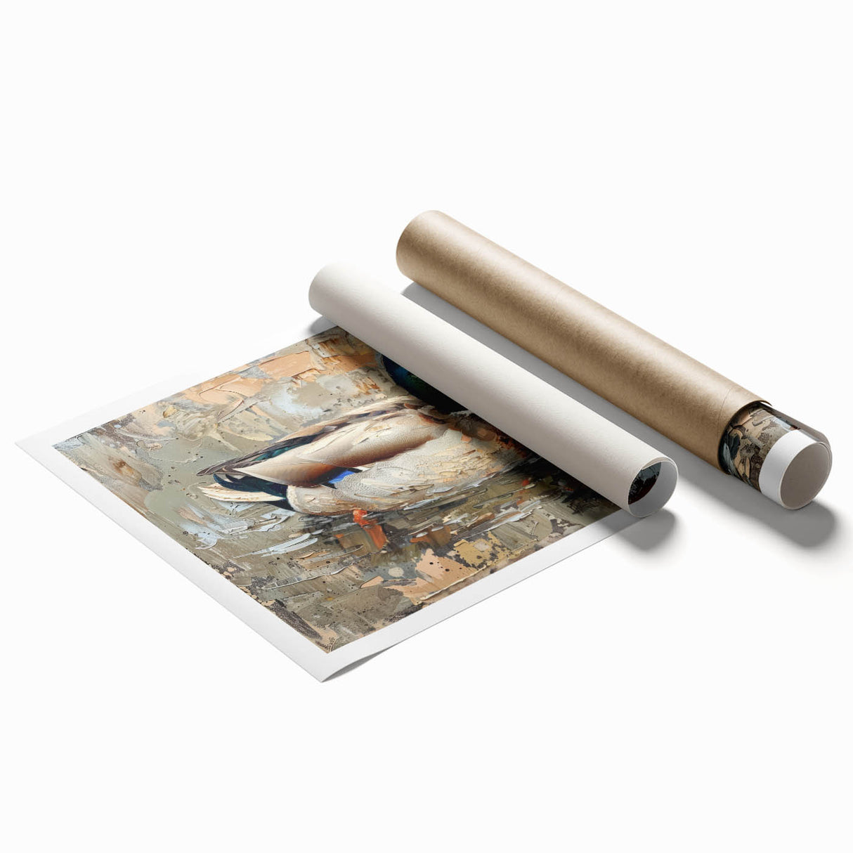 Vibrant rolled print of a whimsical duck design, showcasing colorful birds against a soft background, perfect for enhancing home décor with playful nature art.